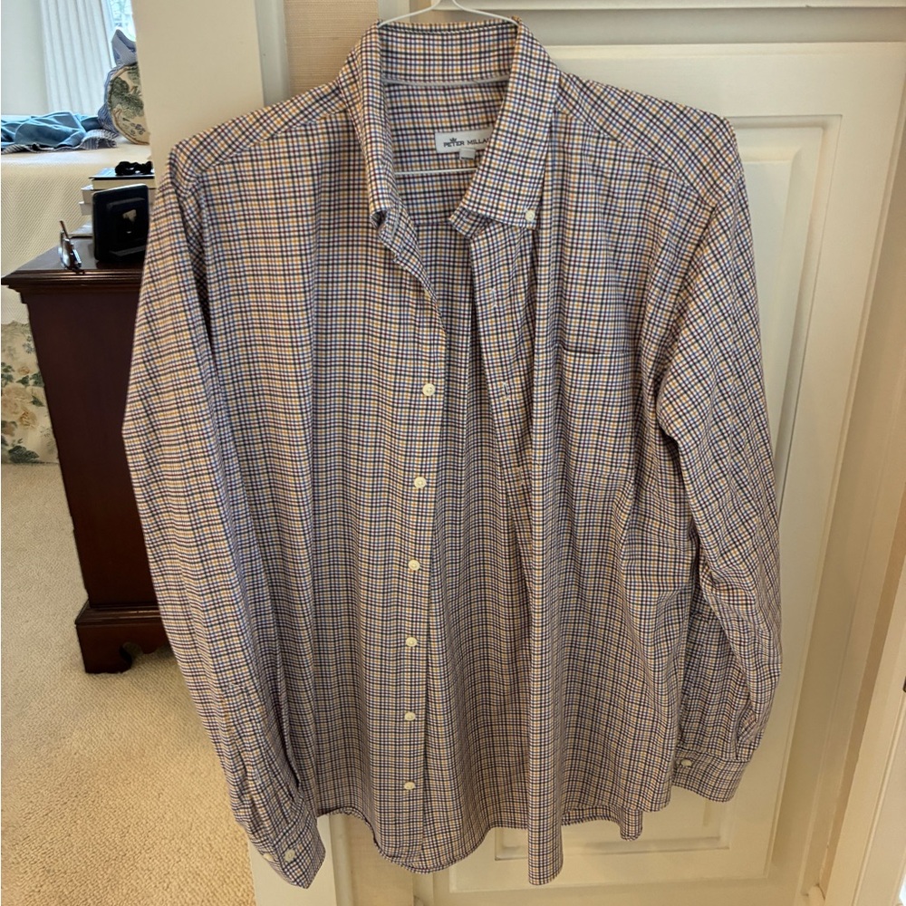 Peter Millar Men's Blue and White Checkered Shirt
